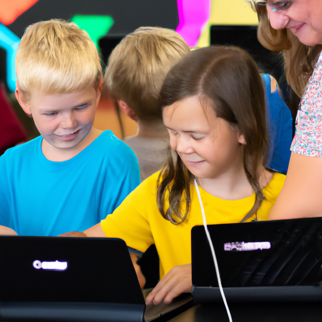 Smiling children coding on laptops with a teacher guiding in a colorful classroom